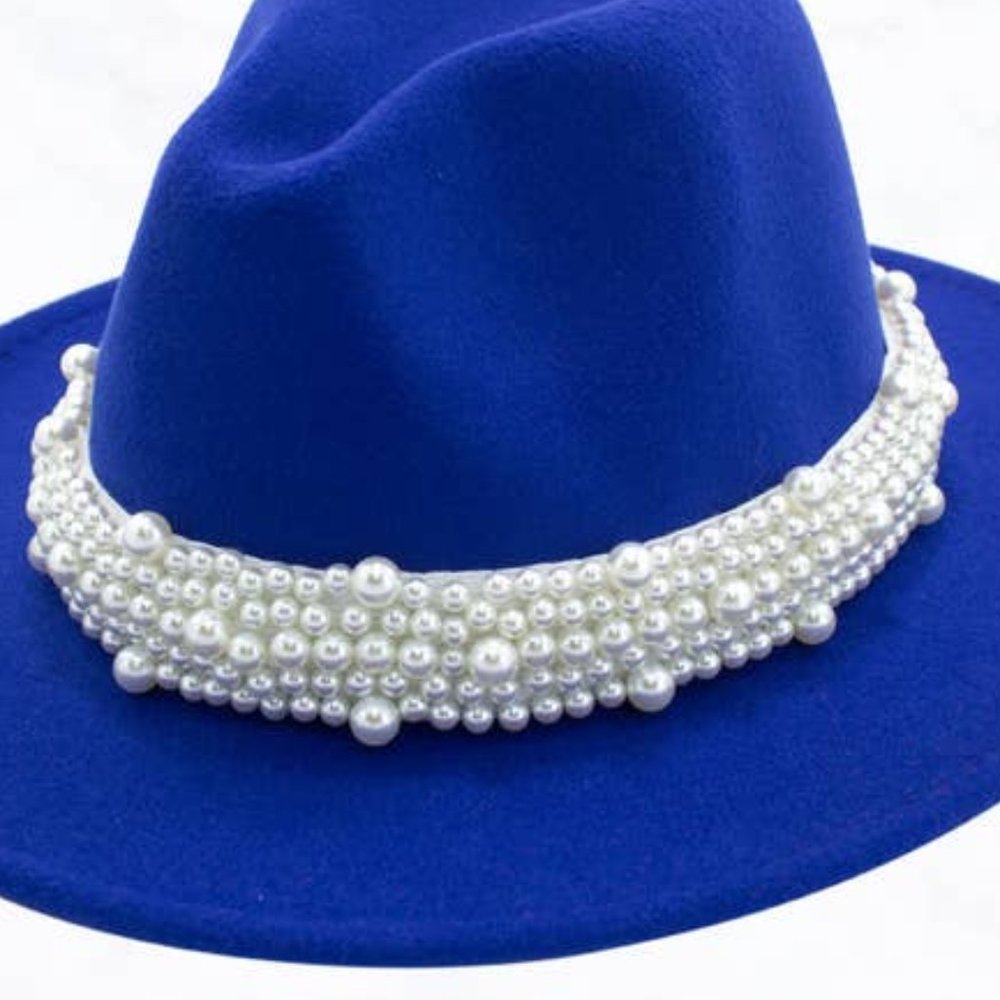 New Style Royal Blue Fashion Fedora Jazz Hat with Wide Pearl Belt - Picture 6 of 7